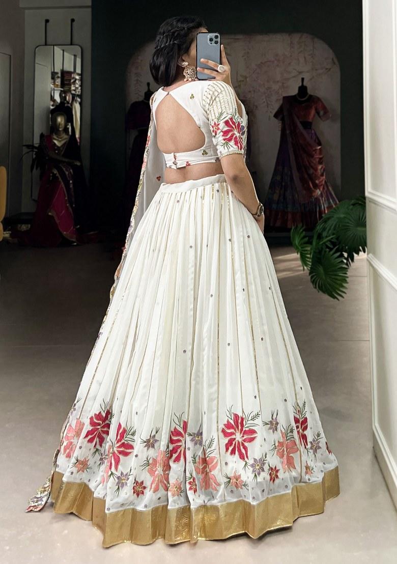 Off White Embroidered Georgette Lehenga Set With Dupatta