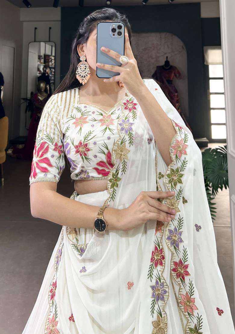 Off White With Dupatta Georgette Lehenga Set with Embroidered for Diwali | Wedding & Festive Wear - Indya