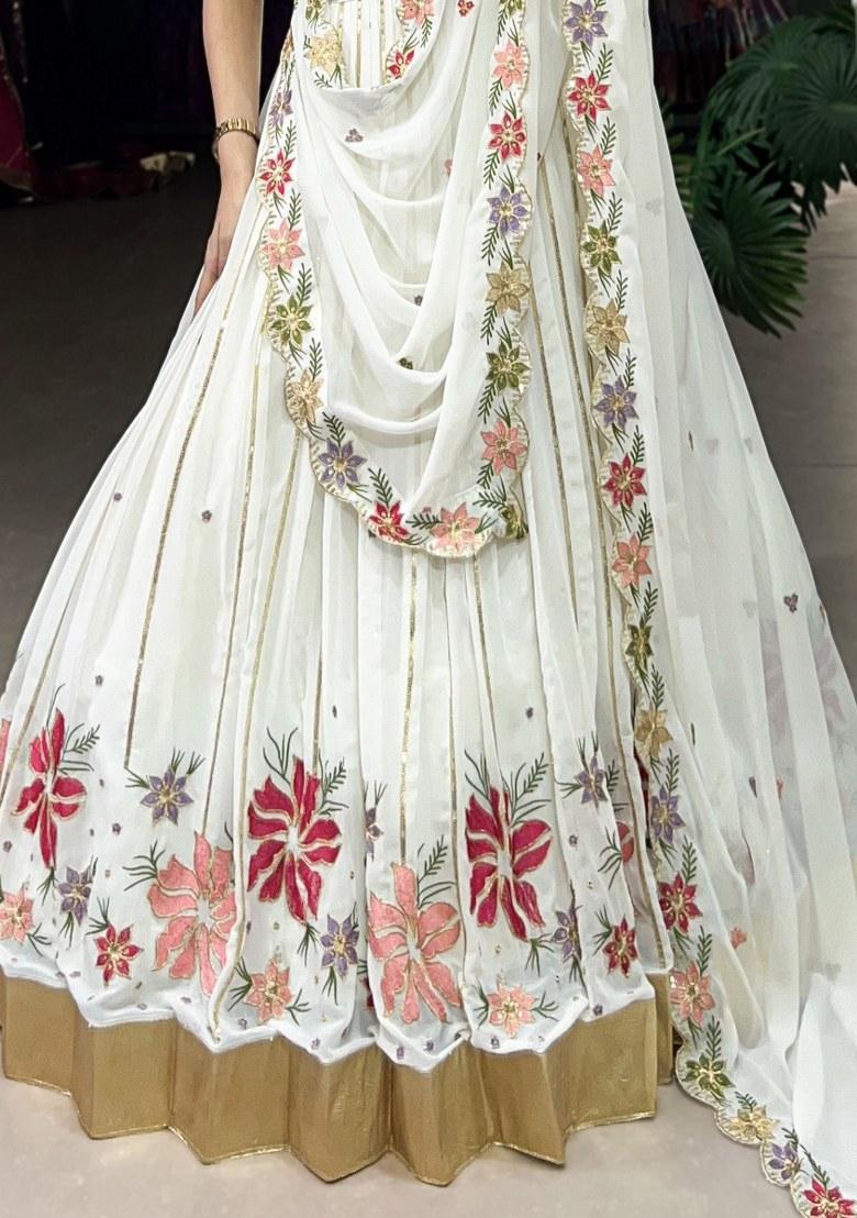 Off White Embroidered Georgette Lehenga Set With Dupatta