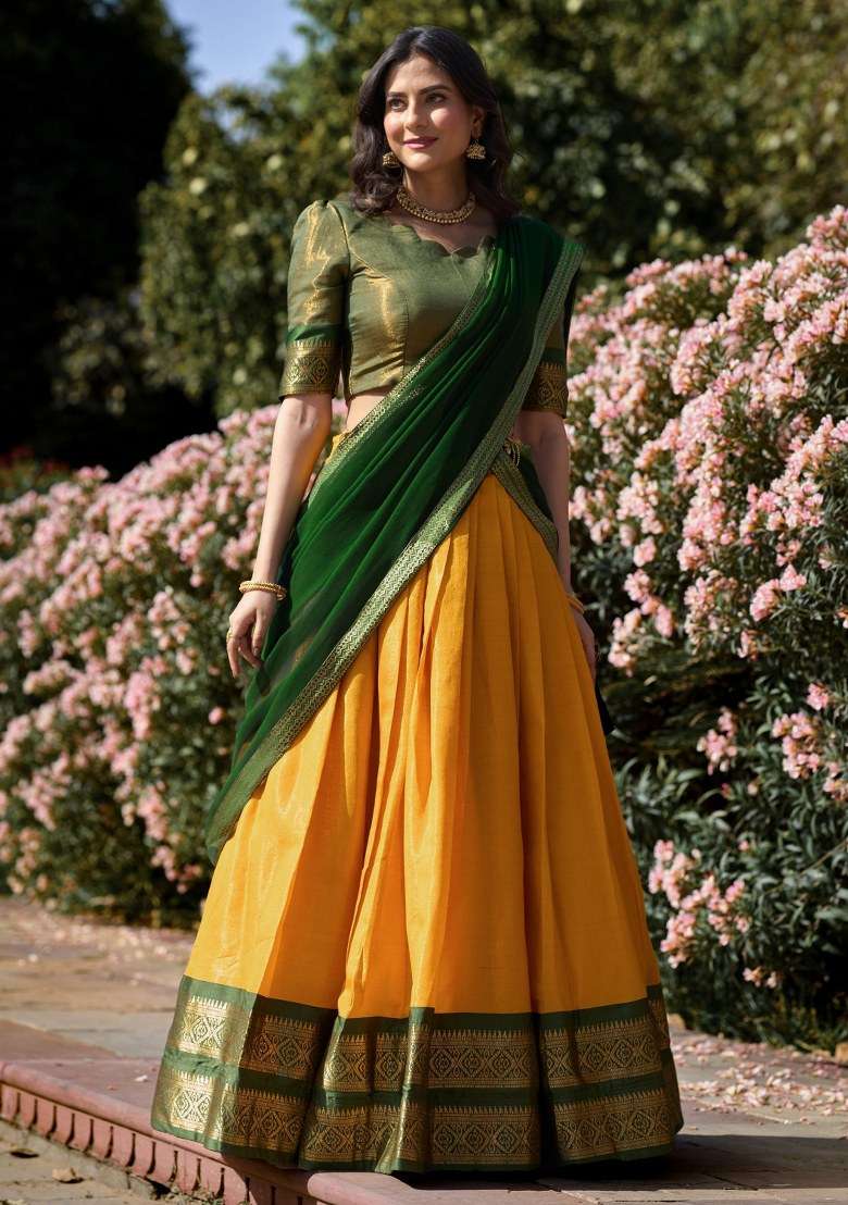 Yellow Embroidered Silk Blend Lehenga Set With Dupatta for Diwali and Festive Wear - Indya