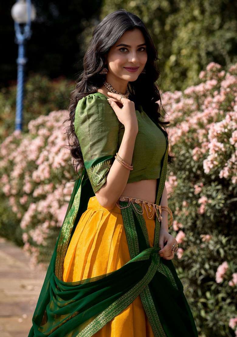 Yellow Embroidered Silk Blend Lehenga Set With Dupatta for Diwali and Festive Wear - Indya
