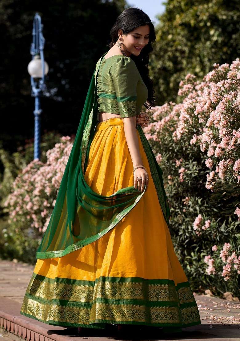 Yellow Embroidered Silk Blend Lehenga Set With Dupatta for Diwali and Festive Wear - Indya