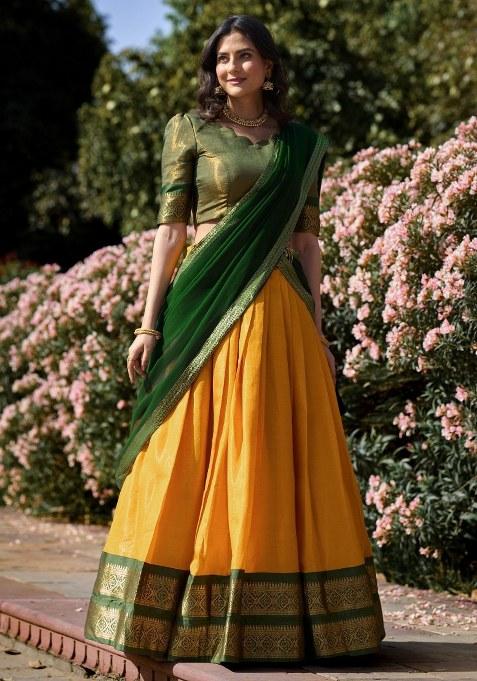 Yellow Embroidered Silk Blend Lehenga Set With Dupatta