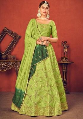 Green Embroidered Art Silk Lehenga Set With Dupatta