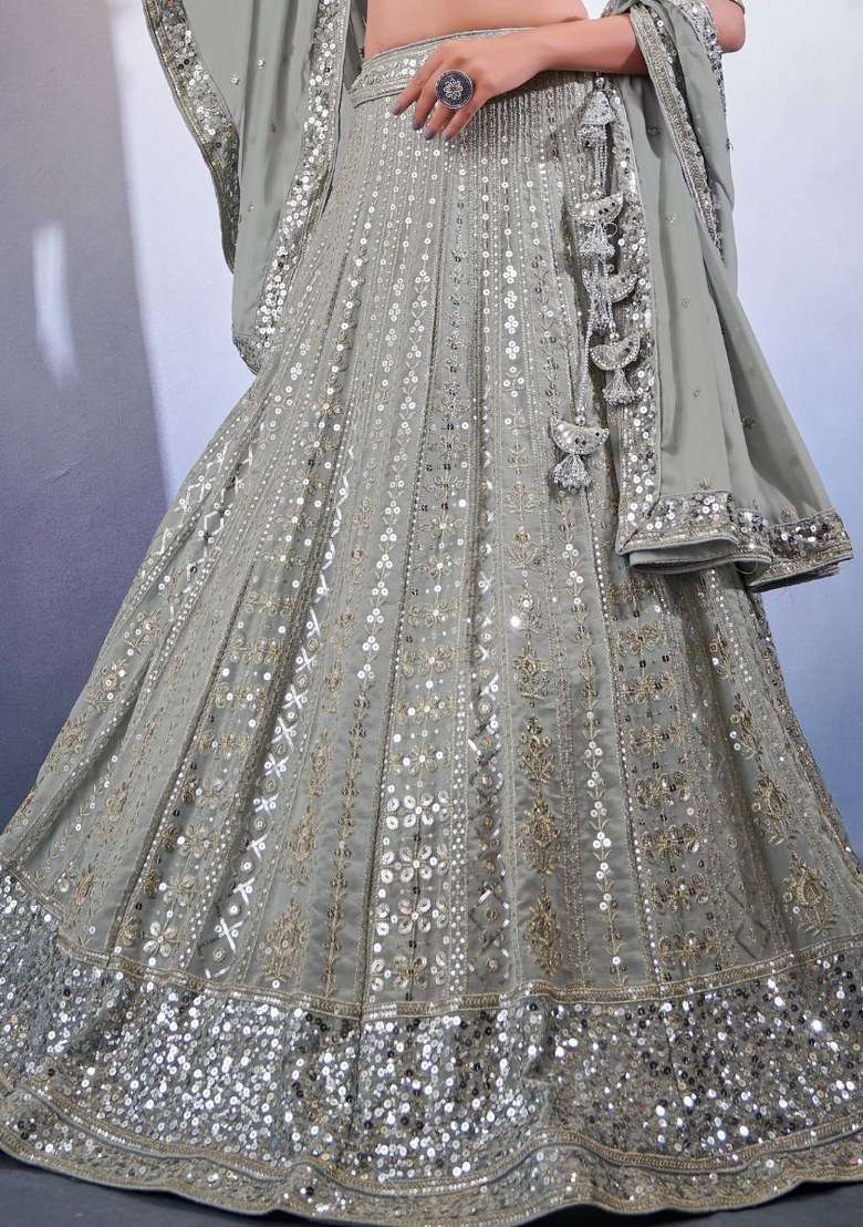 Grey Embroidered Georgette Lehenga Set With Dupatta - Indya