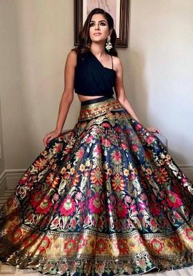 Black Printed Art Silk Lehenga Set With Dupatta