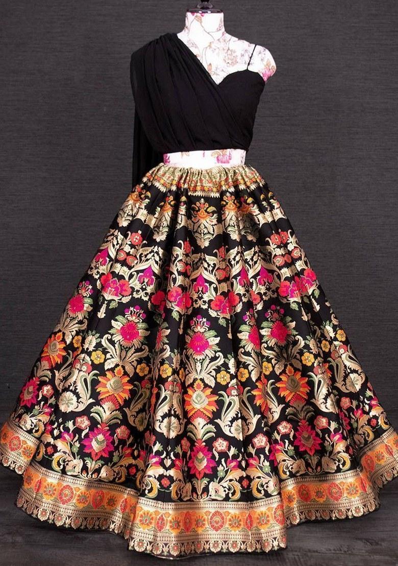 Black Printed Art Silk Lehenga Set With Dupatta
