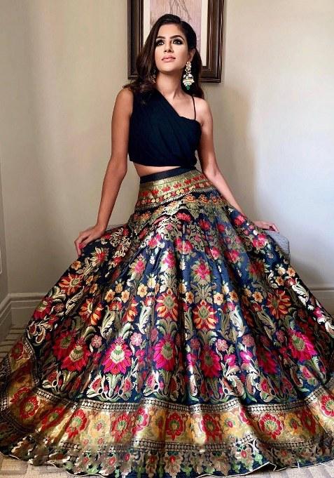 Black Printed Art Silk Blend Lehenga Set With Dupatta