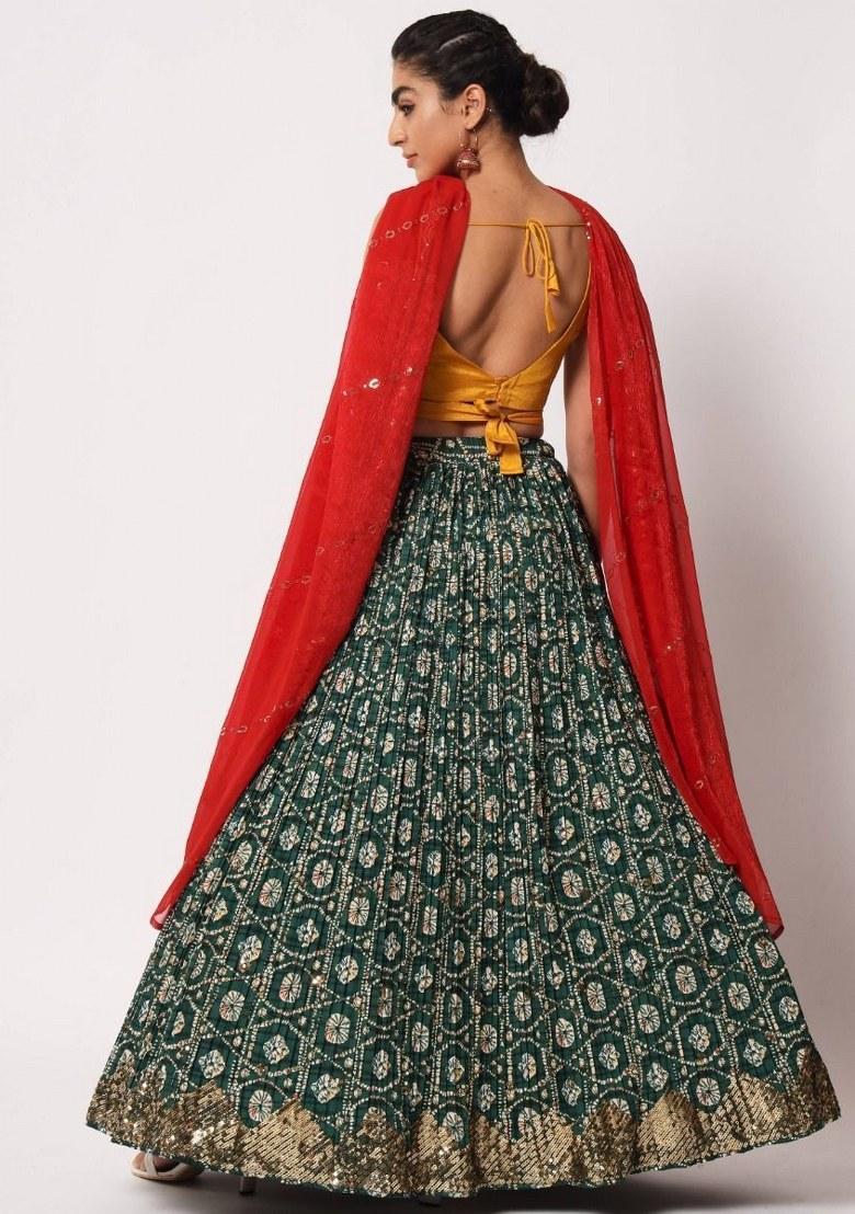 Green Embroidered Silk Lehenga Set With Dupatta