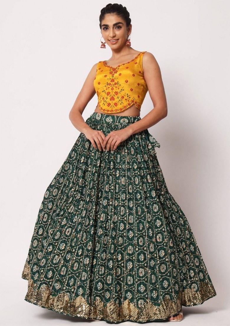 Green Embroidered Silk Lehenga Set With Dupatta