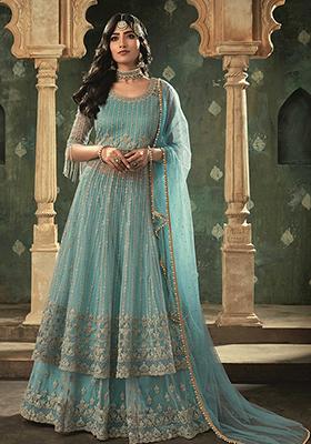 Blue Digital Print Net Lehenga Set