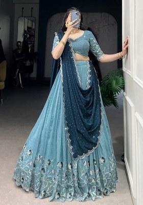 Sky Blue Embroidered Organza Lehenga Set With Dupatta