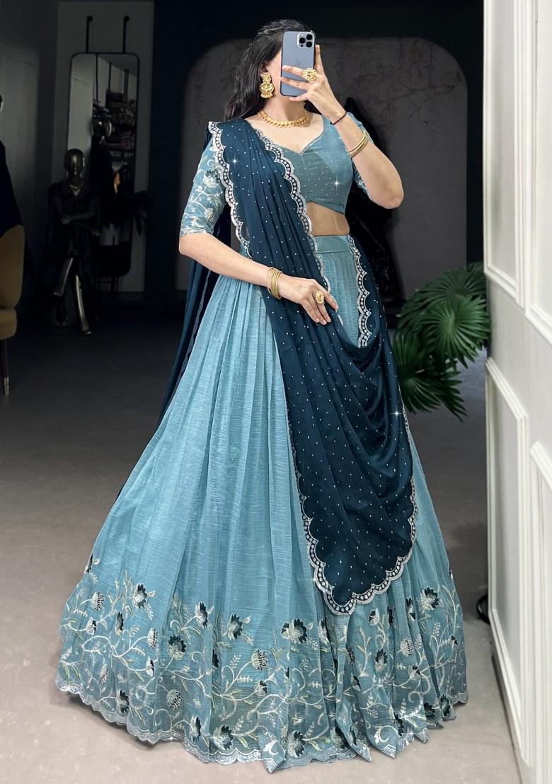 Sky Blue Embroidered Organza Lehenga Set With Dupatta