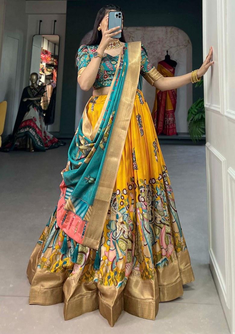 Yellow Printed Silk Lehenga Set With Dupatta