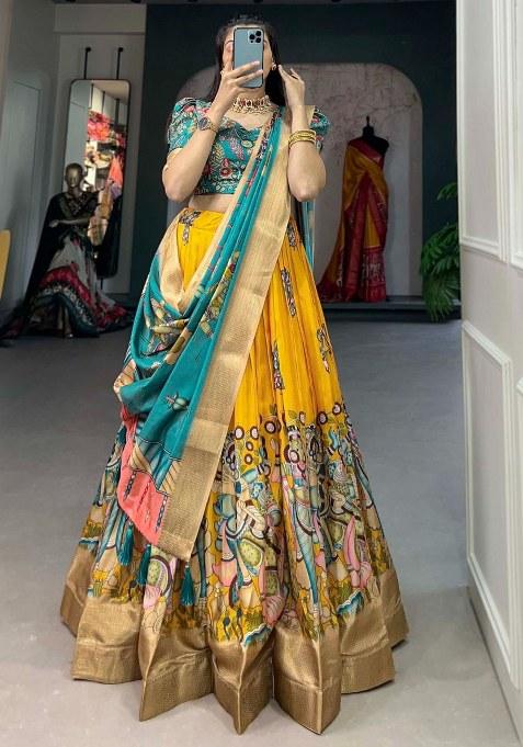 Yellow Printed Silk Lehenga Set With Dupatta — view on Indya