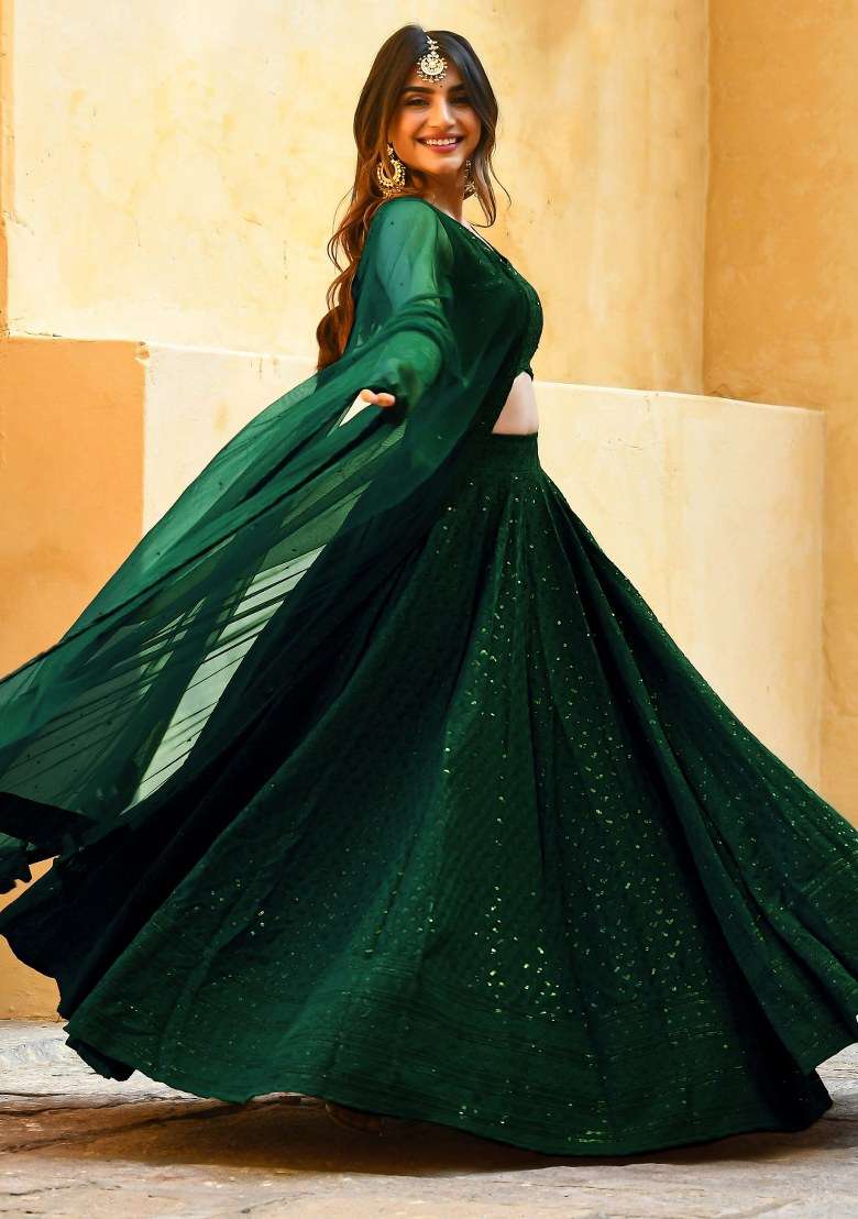 Green Embroidered Georgette Lehenga Set With Dupatta for Diwali and Festive Wear - Indya