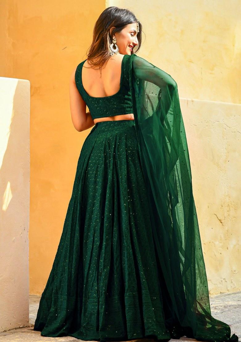 Green Embroidered Georgette Lehenga Set With Dupatta