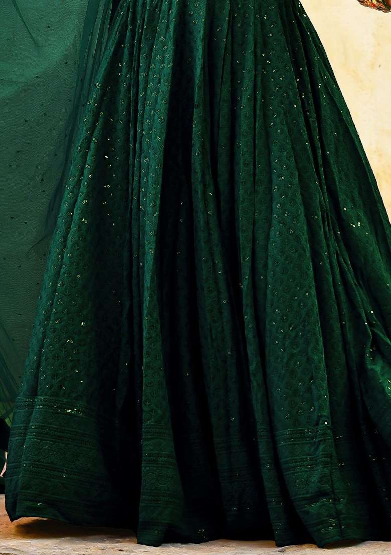 Green Embroidered Georgette Lehenga Set With Dupatta for Diwali and Festive Wear - Indya