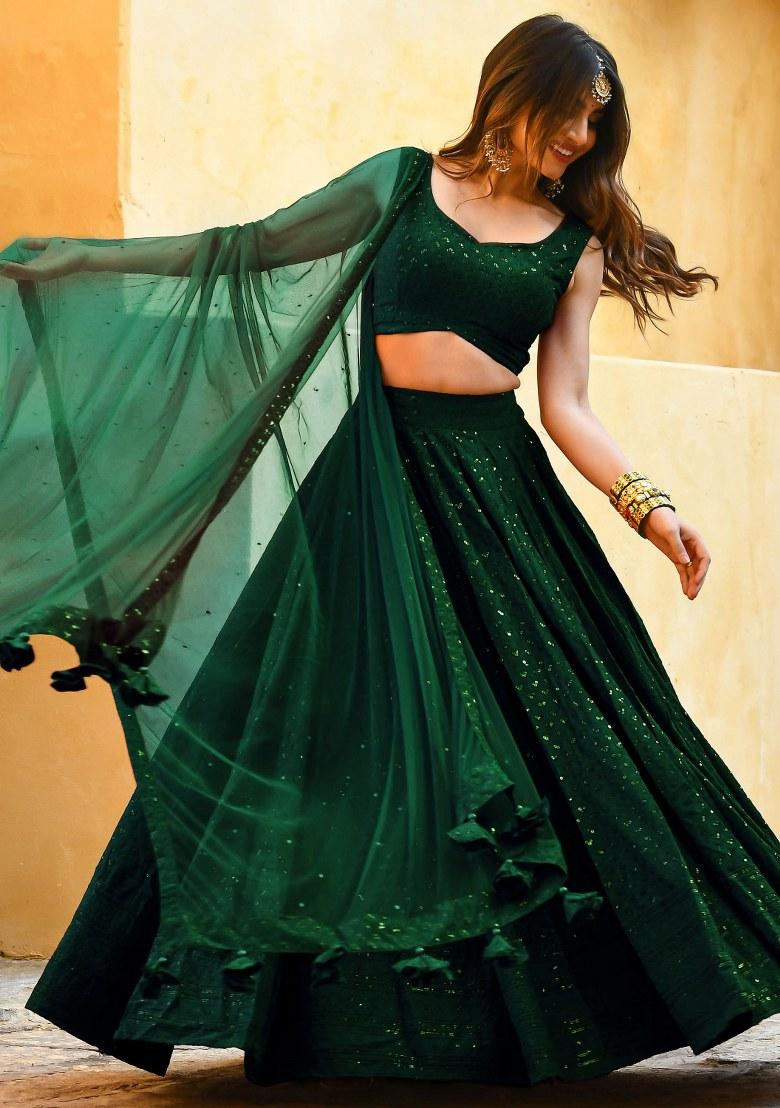 Green Embroidered Georgette Lehenga Set With Dupatta
