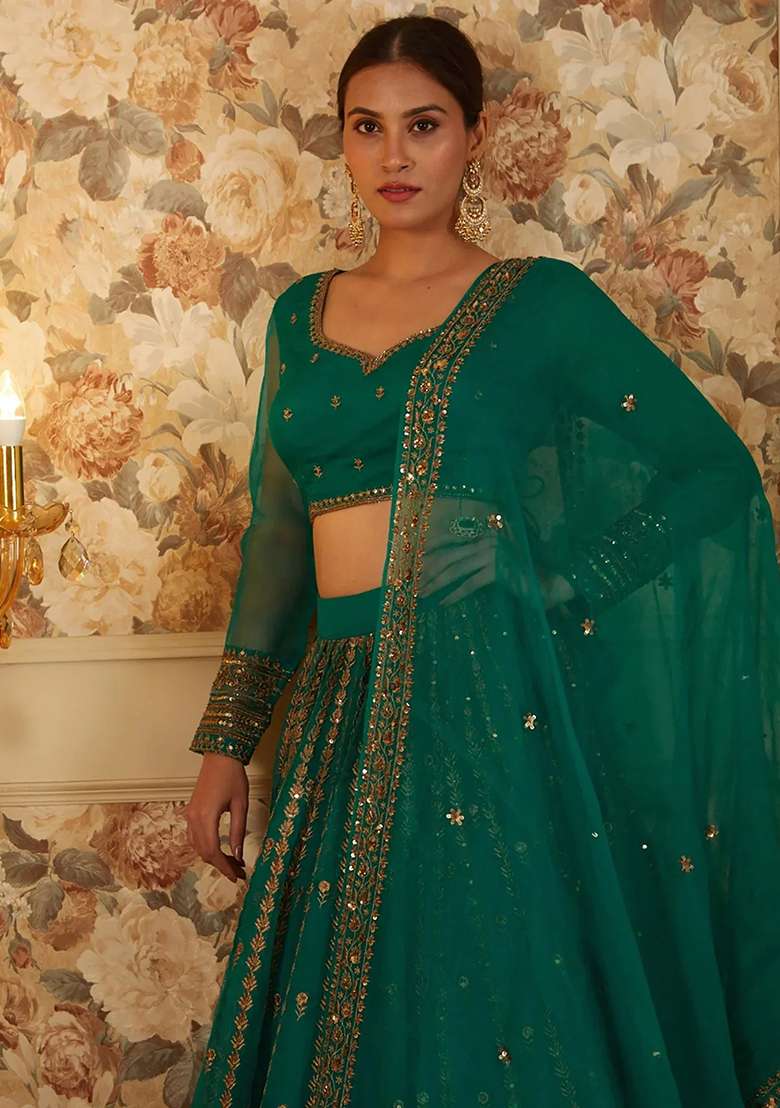 Green Embroidered Organza Lehenga Set With Dupatta for Diwali and Festive Wear - Indya