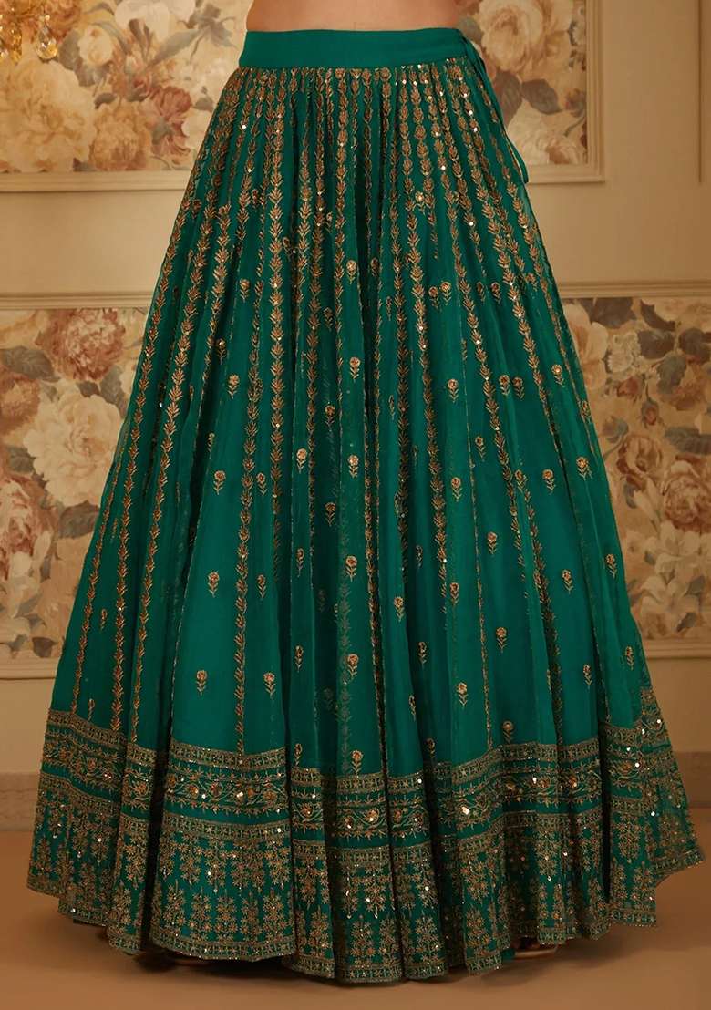 Green Embroidered Organza Lehenga Set With Dupatta for Diwali and Festive Wear - Indya