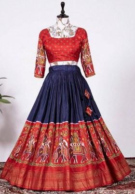 Navy Blue Printed Silk Lehenga Set With Dupatta