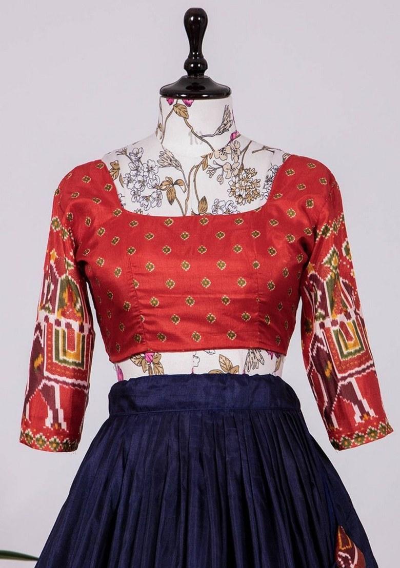 Navy Blue Printed Silk Lehenga Set With Dupatta