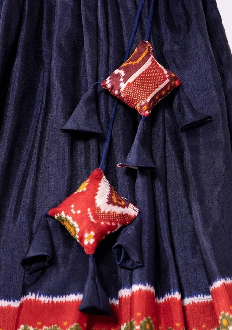 Navy Blue Printed Silk Lehenga Set With Dupatta