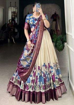 Off White Printed Jacquard Lehenga Set With Dupatta