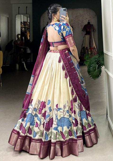 Off White Premium Glossy Lehenga with Embroidery & Foil Work Dupatta main image 1
