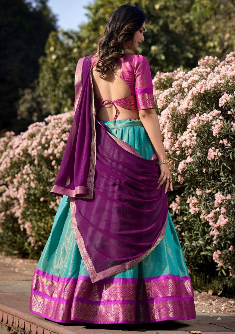 Sky Blue With Dupatta Silk Blend Lehenga Set with Embroidered for Diwali | Wedding & Festive Wear - Indya