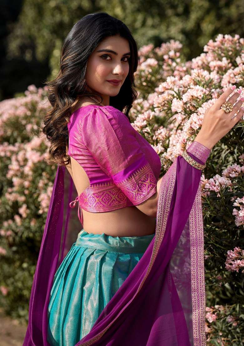 Sky Blue With Dupatta Silk Blend Lehenga Set with Embroidered for Diwali | Wedding & Festive Wear - Indya