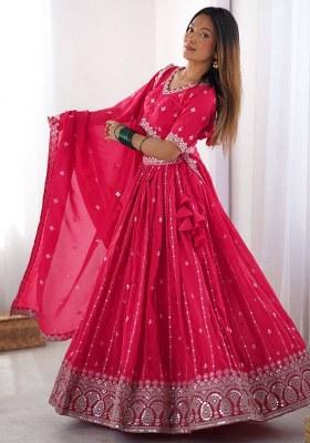 Pink Embroidered Silk Lehenga Set With Dupatta