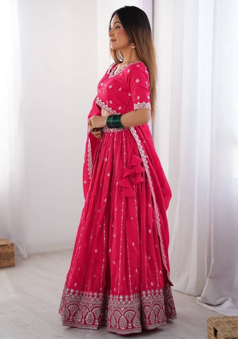 Pink Embroidered Silk Lehenga Set With Dupatta