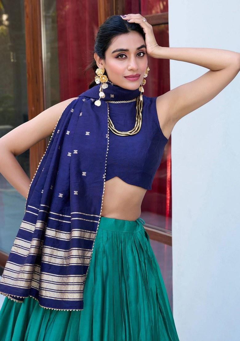 Blue Embroidered Chanderi Lehenga Set With Dupatta