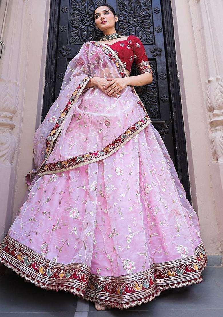 Pink Embroidered Organza Lehenga Set With Dupatta - Indya