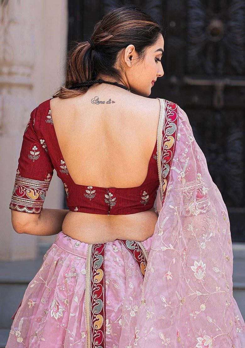 Pink Embroidered Organza Lehenga Set With Dupatta
