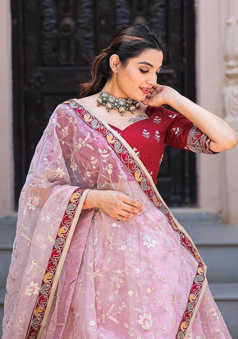 Pink Embroidered Organza Lehenga Set With Dupatta - Indya