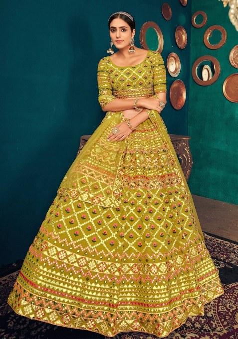 Green Embroidered Georgette Lehenga Set With Dupatta