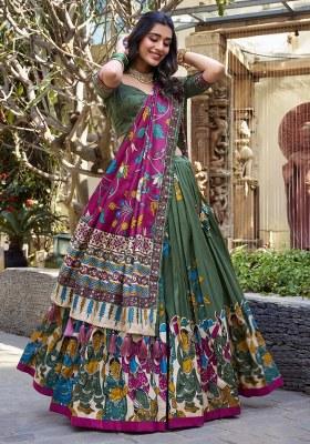 Green Printed Silk Lehenga Set With Dupatta