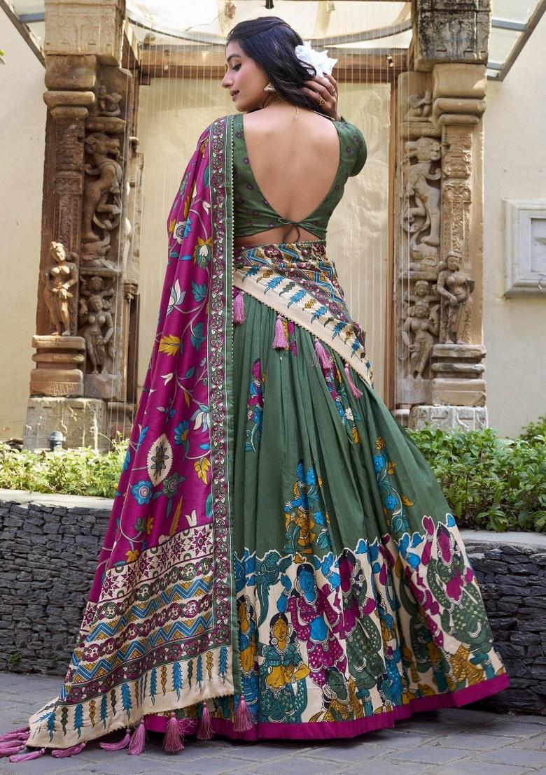 Green Printed Silk Lehenga Set With Dupatta