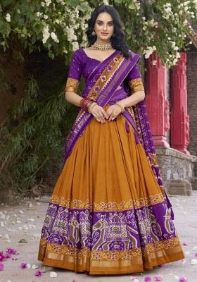 Yellow Printed Silk Lehenga Set With Dupatta