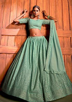 Green Digital Print Net Lehenga Set