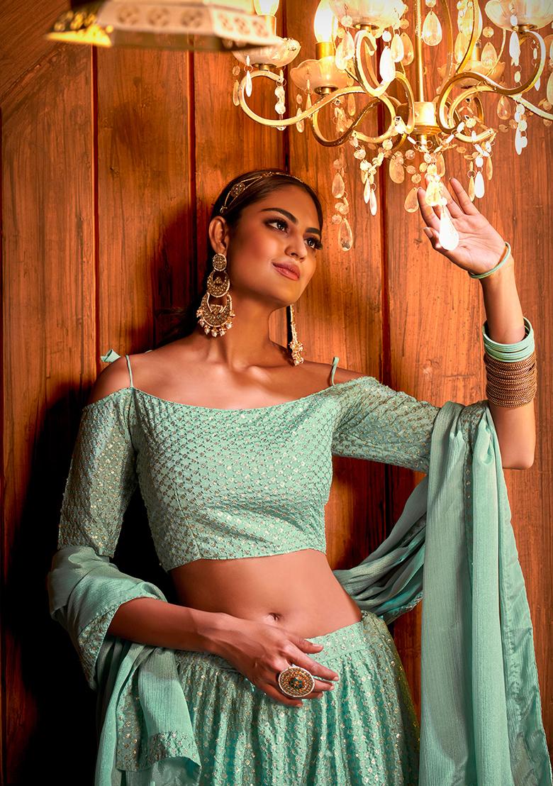 Green Digital Print Net Lehenga Set