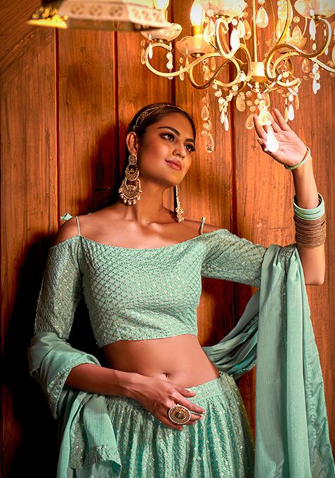 Green Digital Print Net Lehenga Set