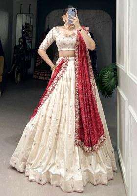 Off White Embroidered Silk Lehenga Set With Dupatta