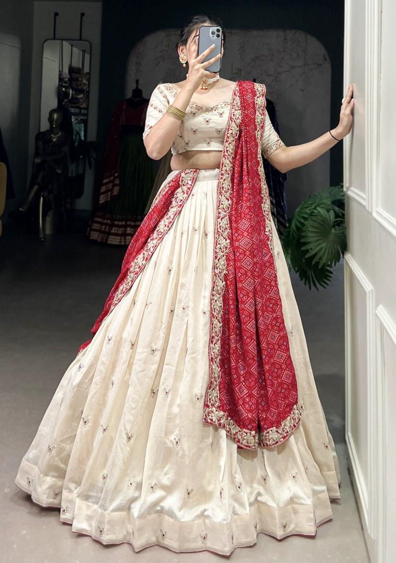 Off White Embroidered Silk Lehenga Set With Dupatta