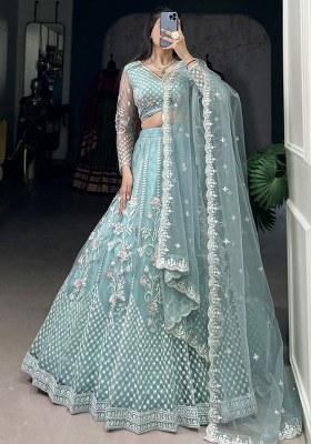 Sky Blue Embroidered Net Lehenga Set With Dupatta