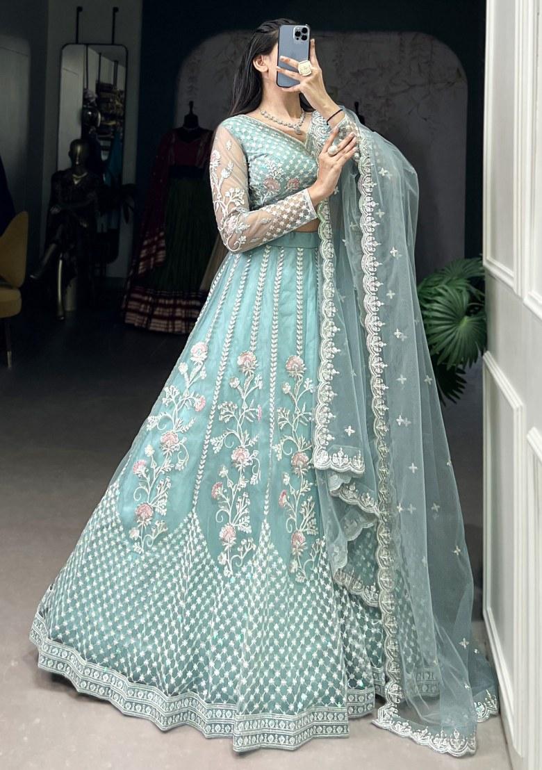 Sky Blue Embroidered Net Lehenga Set With Dupatta