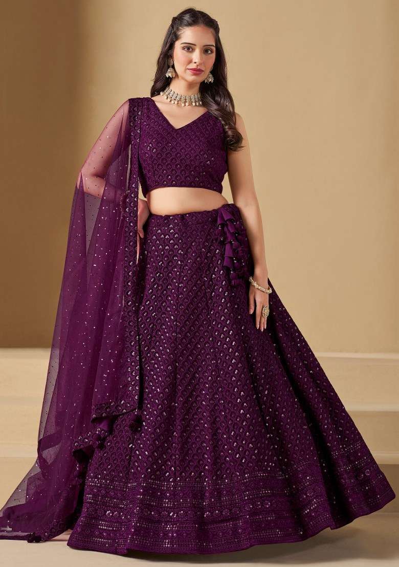 Wine With Dupatta Georgette Lehenga Set with Embroidered for Diwali | Wedding & Festive Wear - Indya